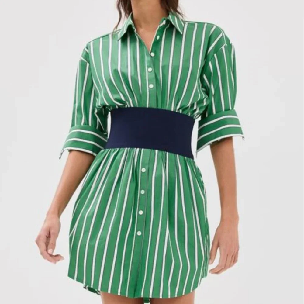 STAUD Michelle Striped Shirt Mini Dress Seaweed Green Size M NWT Chic Versatile - Picture 1 of 16